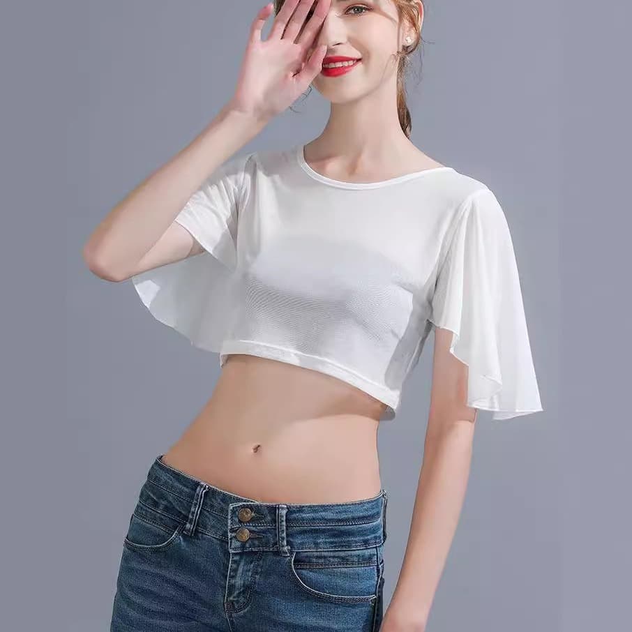 New Versatile Top Inner Mesh Base Layer Summer T-Shirt, Round Neck Half Sleeve Butterfly Short Sleeve Yoga Cover-Up
