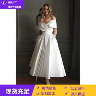 European American French Off-Shoulder Satin Light Wedding Dress 2026 Summer New AliExpress Slim Engagement Solid Color Dress Women