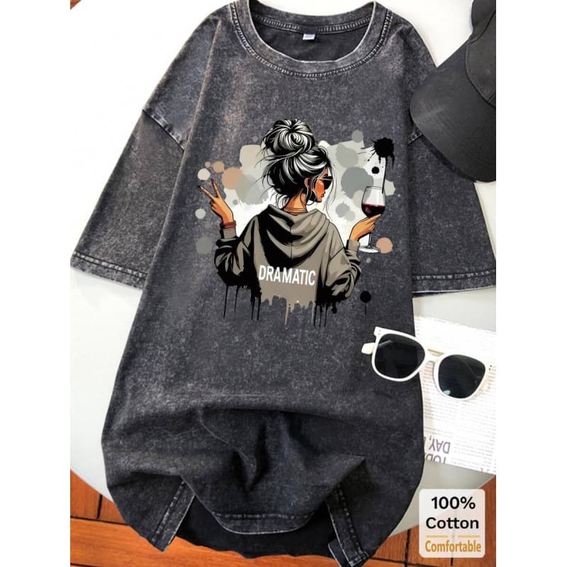 Ouma 100% Cotton Women's Oversized Vintage Washed Black Short Sleeve