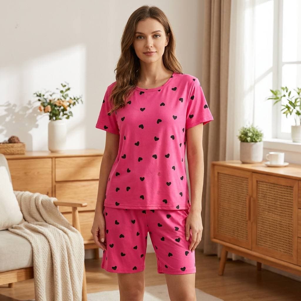 European and American Style Cross-border Women's Casual Milk Silk Heart Print Homewear Short Sleeve Set