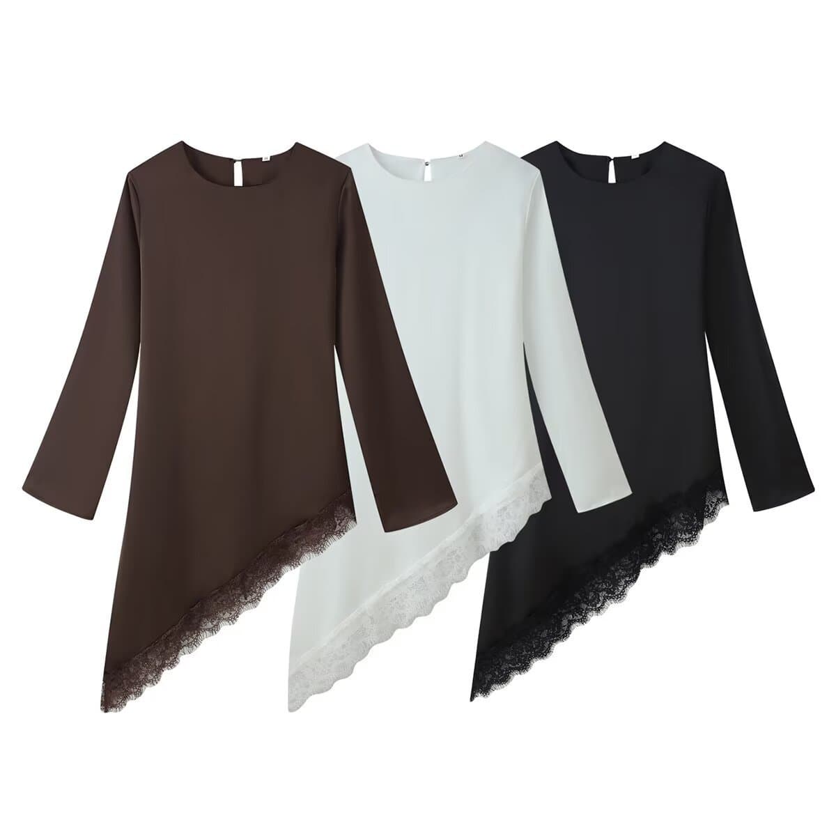 Cross-border Women's Fashion 2026 European and American Style Satin Patchwork Lace Back Tie Round Neck T-Shirt Top D17202