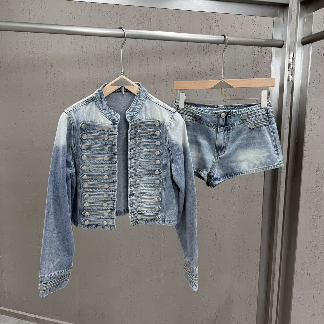 Cross-border 2026 autumn new round-neck long-sleeved double-breasted denim jacket with shorts suit
