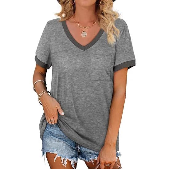 Cross-border Foreign Trade 2024 Summer New European and American Amazon Fashion Casual V-neck Women's Top with Pocket T-shirt for Women