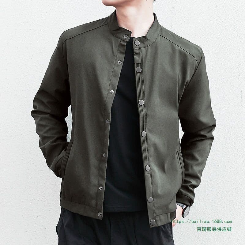 Men's Spring New Casual Loose Fit Versatile Plus Size Stand Collar Jacket Autumn Top Black
