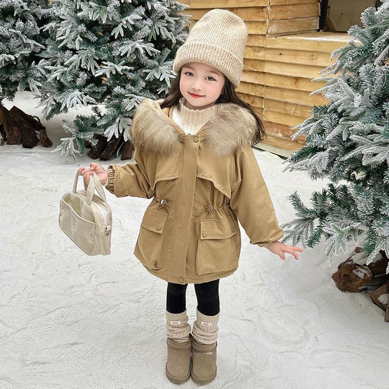 Girls Fleece-Lined Parka with Fur Hood, Winter 2025 Kids Warm Cotton Coat
