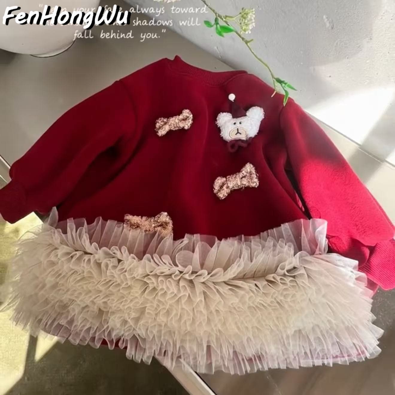 [Pink House] Girls Dress 2025 Christmas Large Beautiful Bow Mesh with Velvet Cross-Border