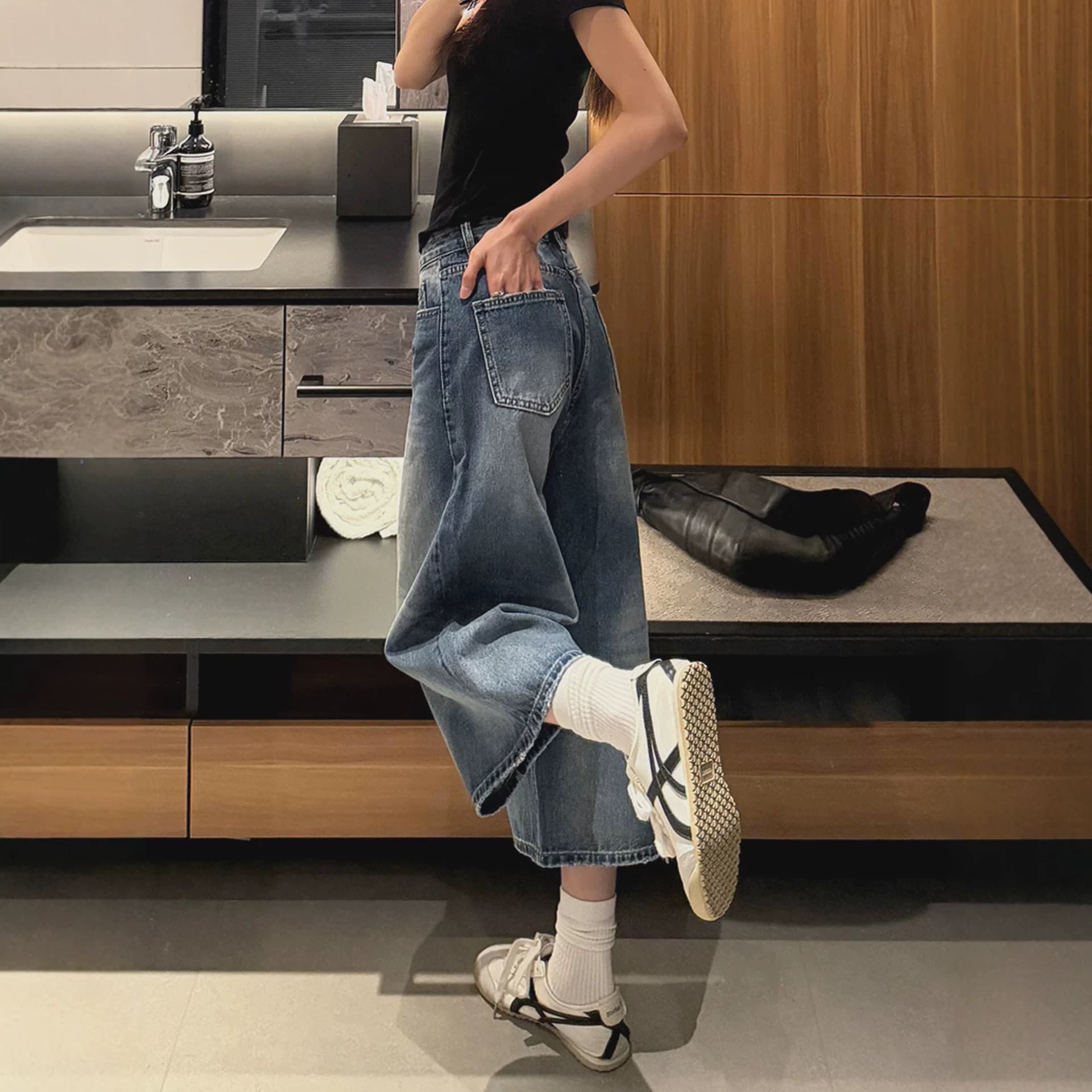 American Retro Capri Denim Shorts for Women Summer New Plus Size High Waist Loose Fit Wide Leg Pants