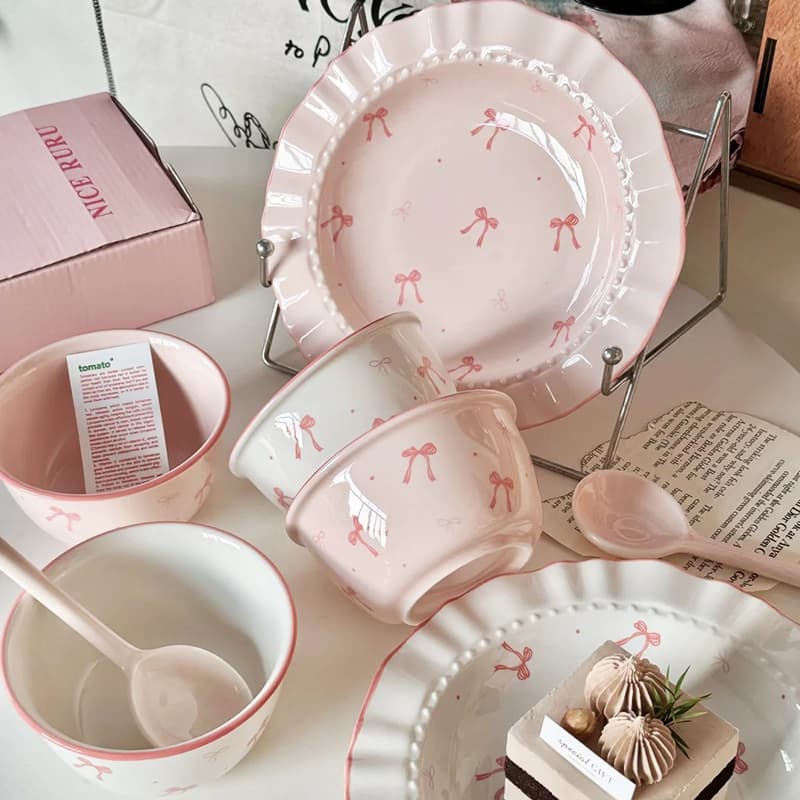Cute ins high-looking bowl and dish set ceramic tableware household bowl plate spoon instant noodle bowl yogurt bowl binaural bowl