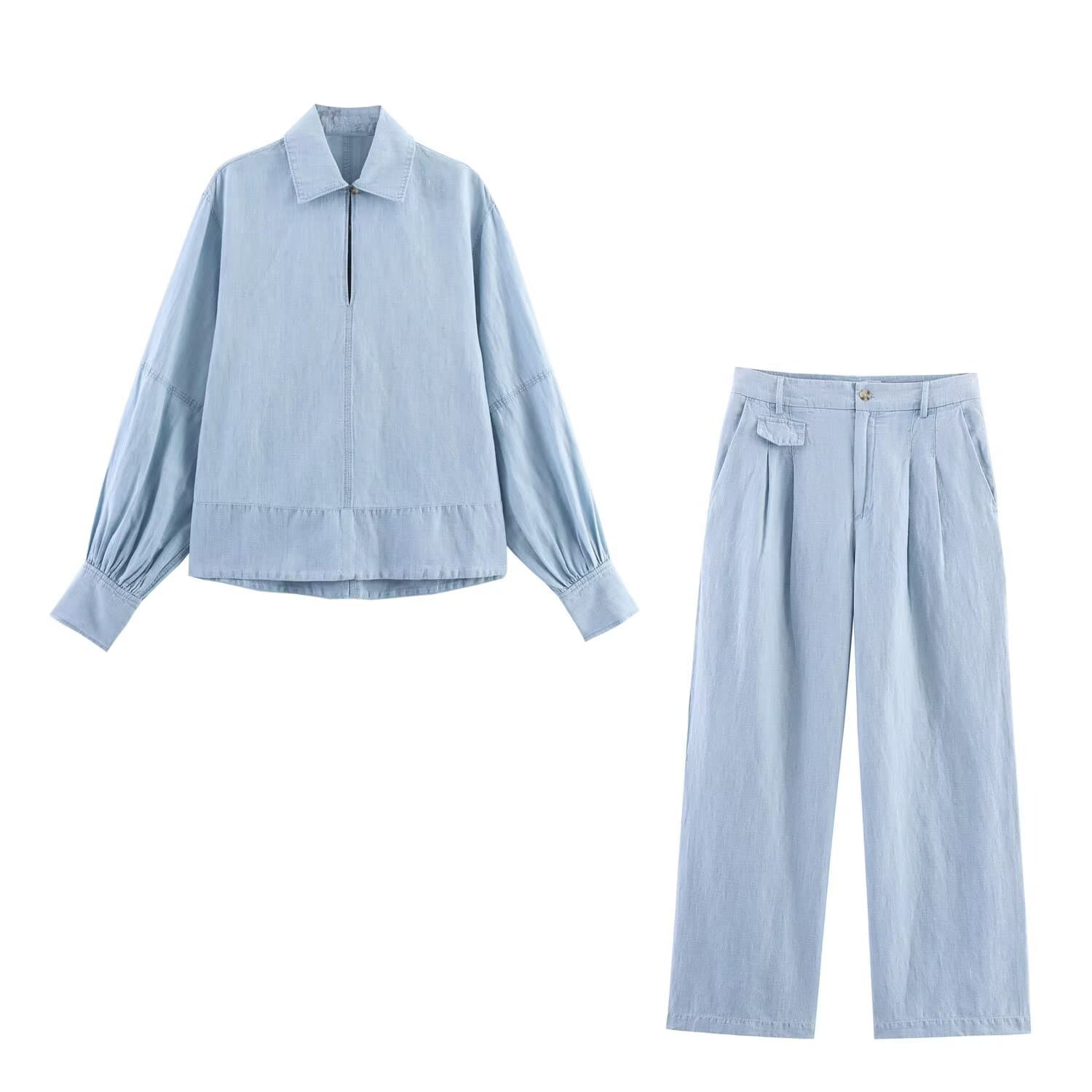 European and American Style Amazon AliExpress Bestseller Fashion Denim Long-Sleeve Shirt Top with Flowing Straight-Leg Jeans Set