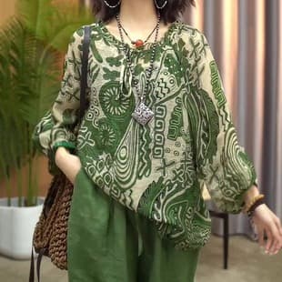 2026 Spring/Summer New Retro Print Plus Size Women's T-Shirt Loose Sun-Protection Top for Middle-Aged and Elderly Moms