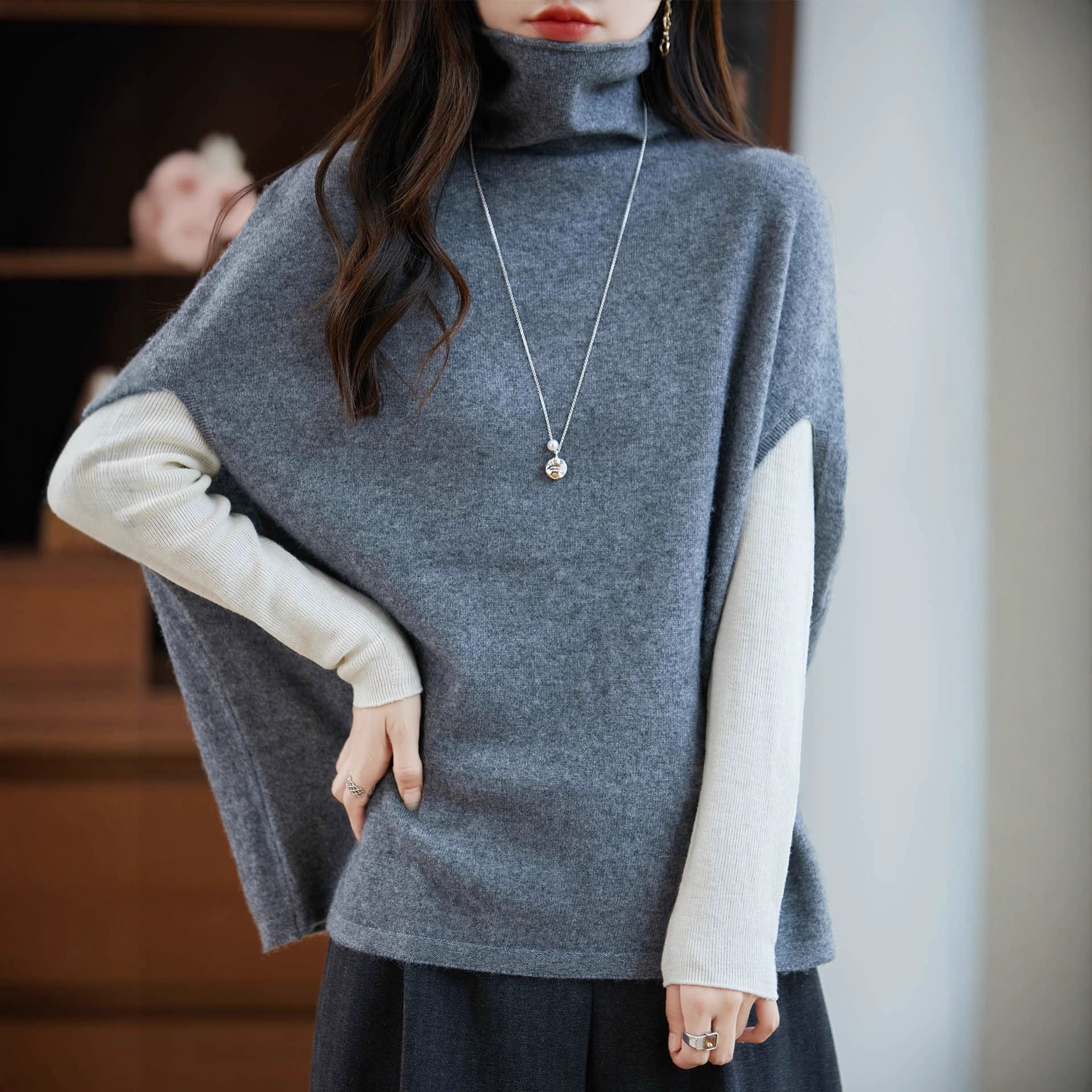 100% wool knitted vest high collar vest women's pullover sleeveless sweater bottoming knitted vest loose pile collar
