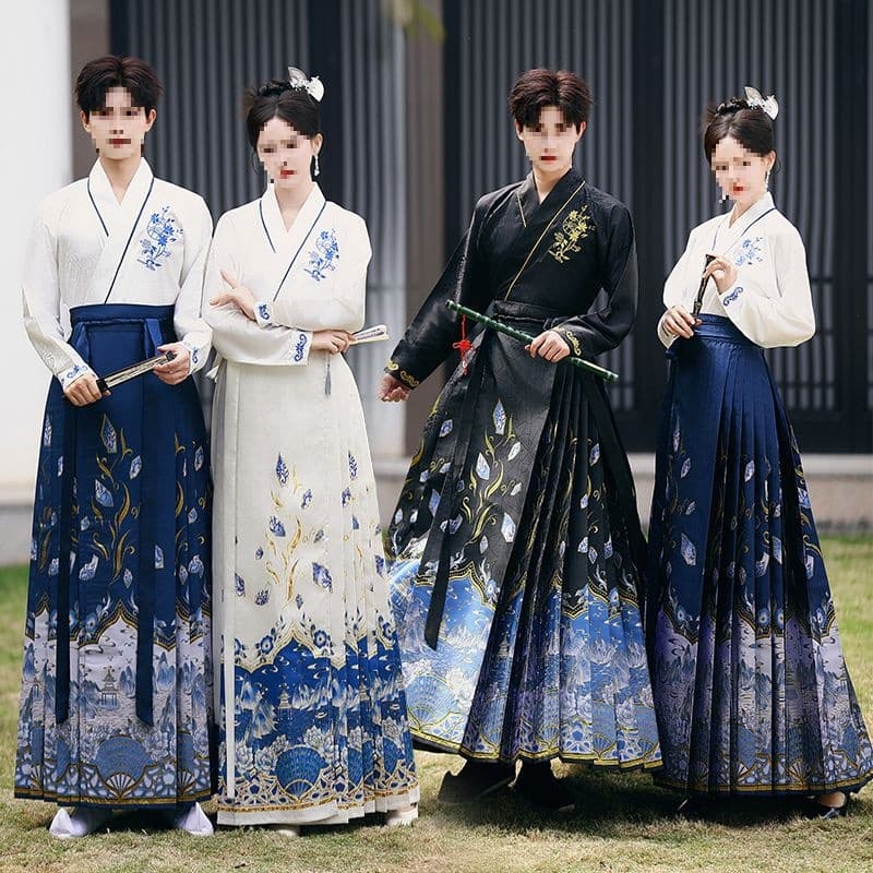 Original Blue and White Porcelain Plus Size Hanfu Horse Face Skirt, New Chinese Style, Versatile, Trendy Spring/Summer Set for Men and Women, Ancient Style Summer