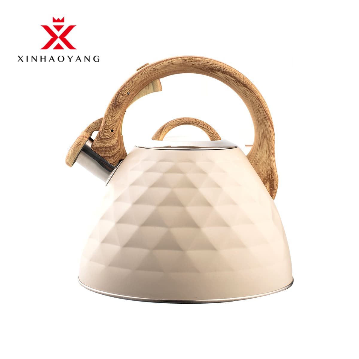 Amazon's new white fish-scale patterned whistling kettle for brewing tea and coffee, with a folding handle and whistling mechanism.