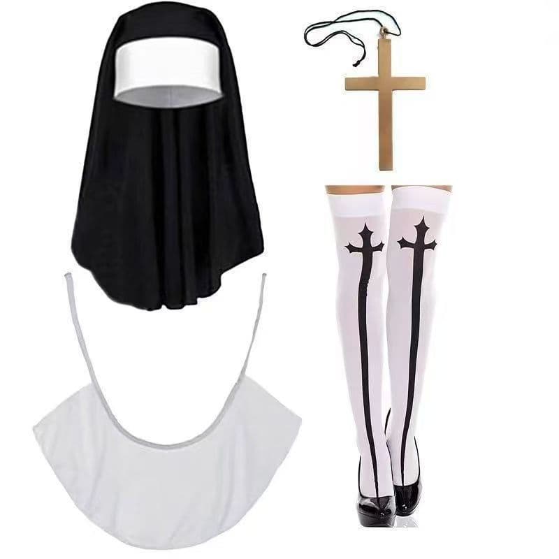 Halloween Sexy Cosplay Nun Costume Set Headscarf Thigh-High Socks Cross Necklace Outfit