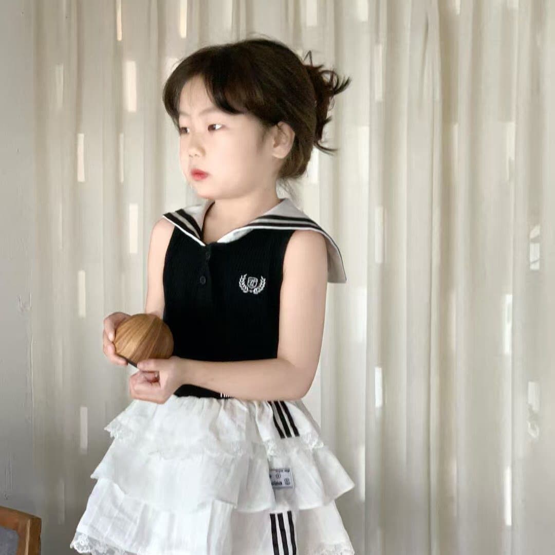 Korean girls suit 2026 summer new style navy collar vest top baby girl white cake skirt