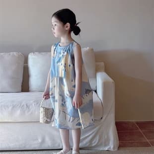 Girls' Dress 2025 Summer Korean Style, Baby Dreamy Blue Doodle Tank Dress, Cute Cartoon Doll Dress