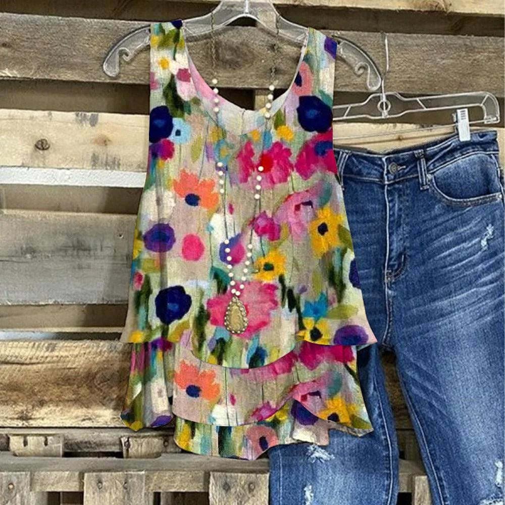 316723 Cross-border Hot Selling Plus Size Oil Painting Printed Women's Round Neck Sleeveless Layered Chiffon Camisole Top