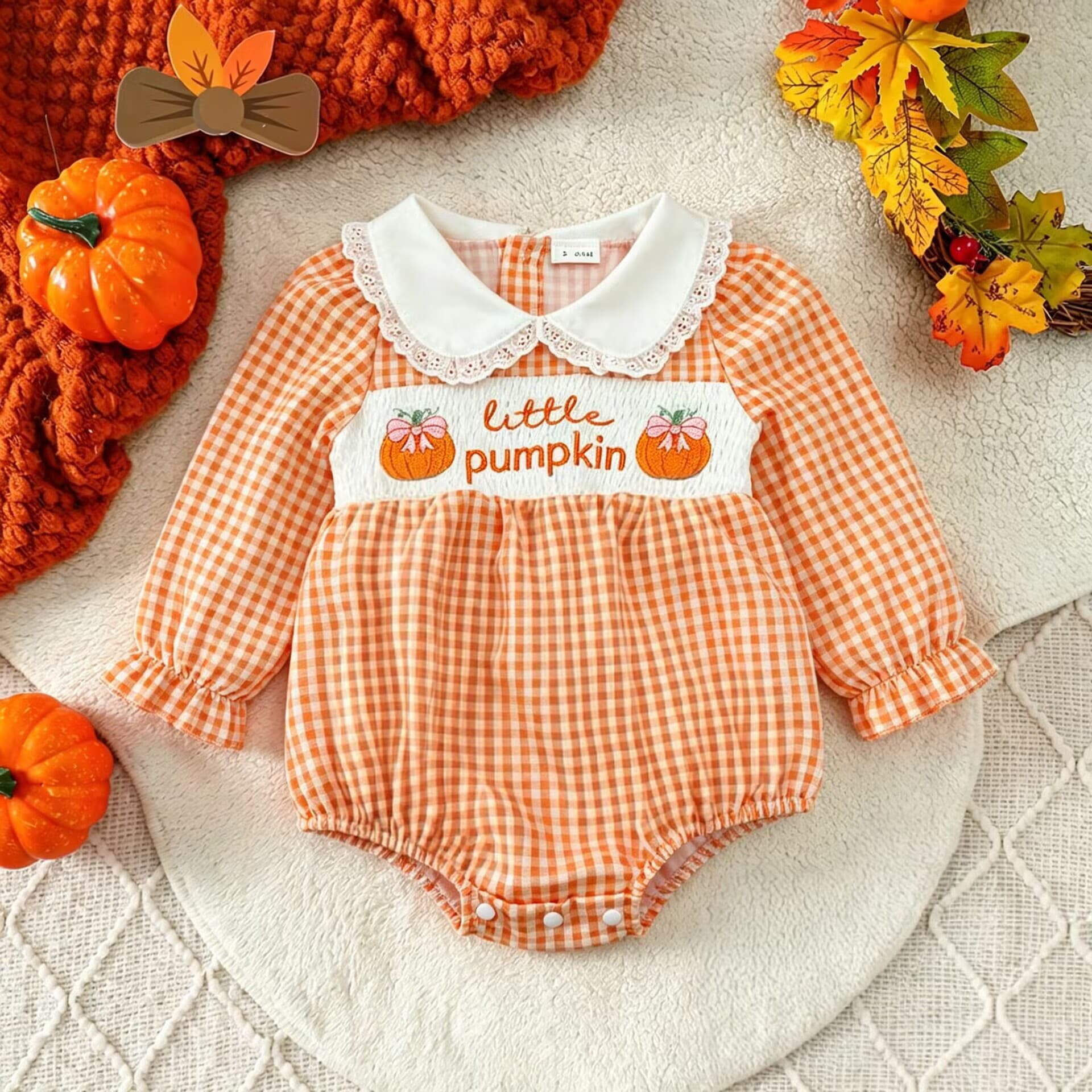 Baby Autumn Pumpkin Embroidered Plaid Coverall Lace Doll Collar Long Sleeve Newborn Halloween Clothes