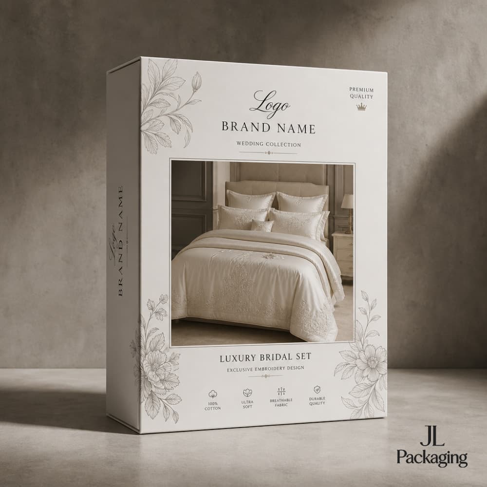 Windowed Lid-Base Rigid Gift Box for Home Textiles Square Visible Window Paper Box FSC Bedding 4-Piece Set Home Textile Packaging Box