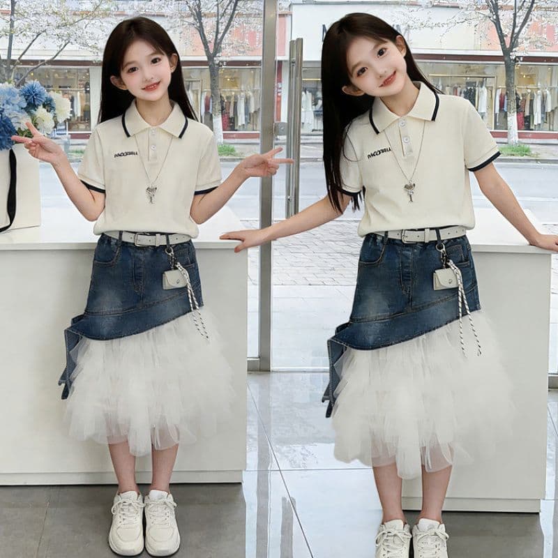 High-Quality Original Design Girls Summer 2026 Denim and Tulle Dress Set, Large Stock Available