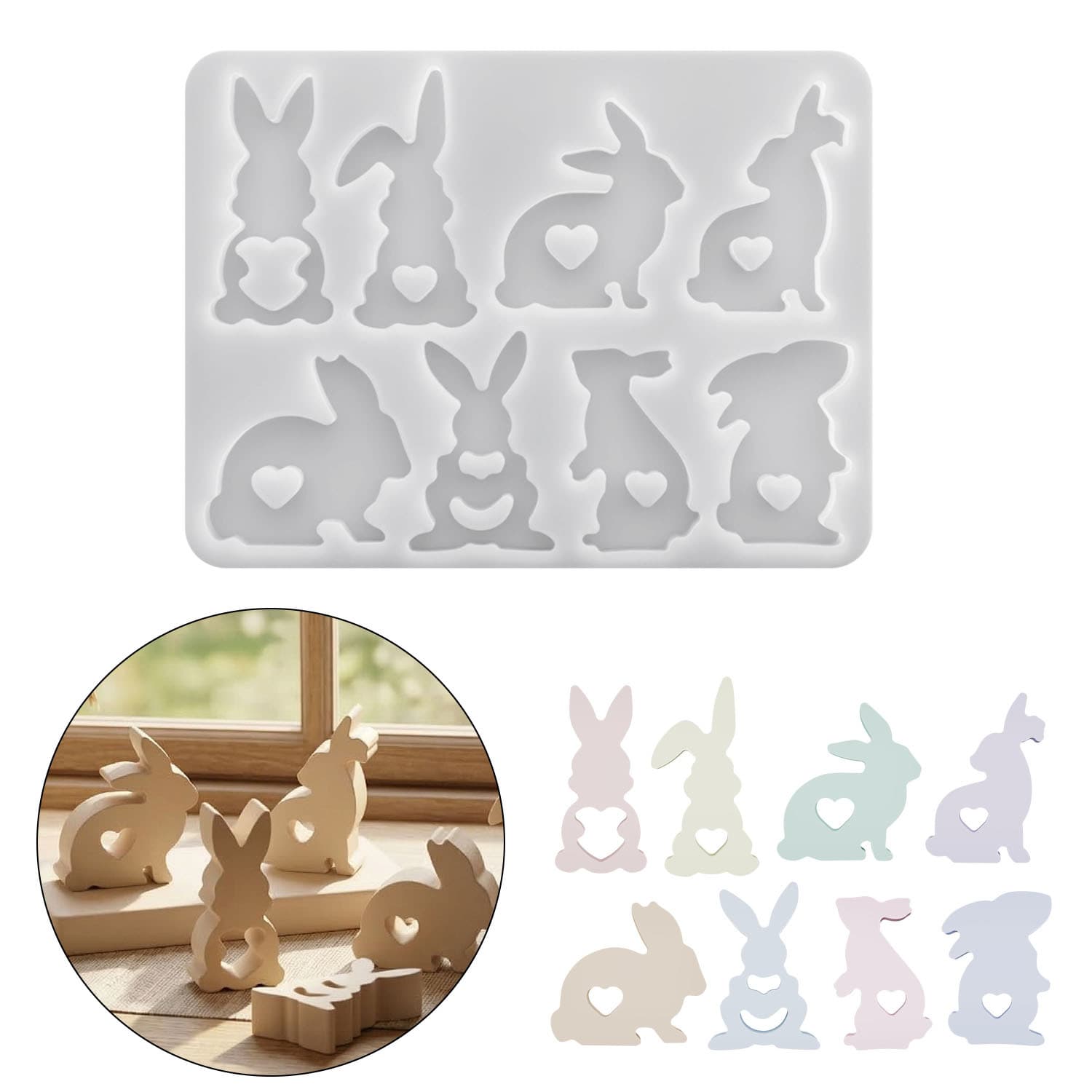 Zhongcheng DIY Easter Full Sheet Eight-Connected Rabbit Silicone Mold Heart Rabbit Scented Candle Mold