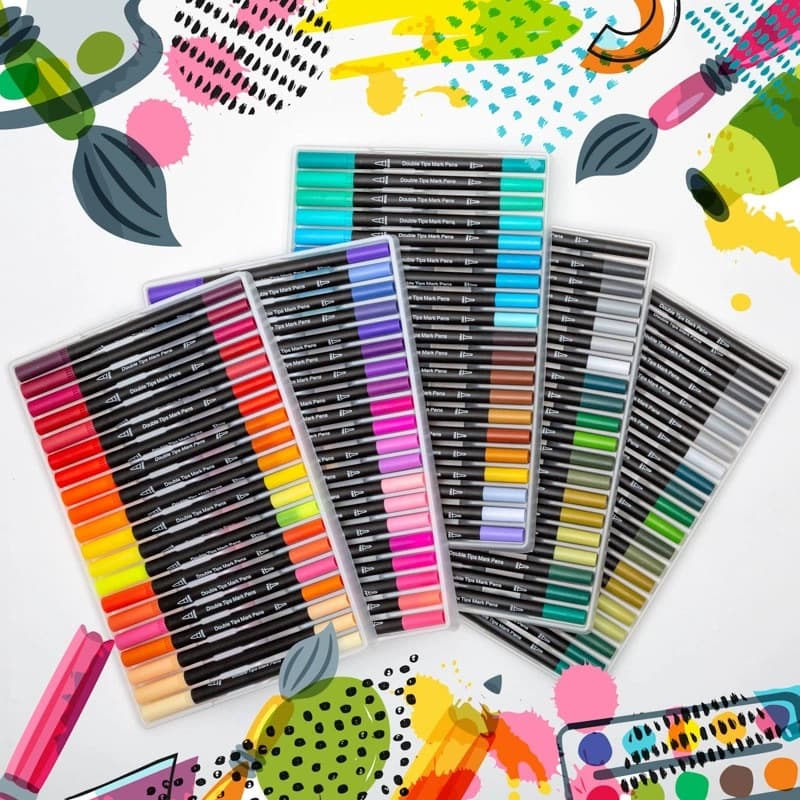Double-Headed 24/140 Colors Marker Pens Large Quantity Art Supplies Black Barrel Watercolor Pens for Children Drawing Kit