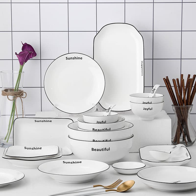 Simple style ceramic household English black line tableware white high-value plate bowls and chopsticks series combination rice bowl dish plate