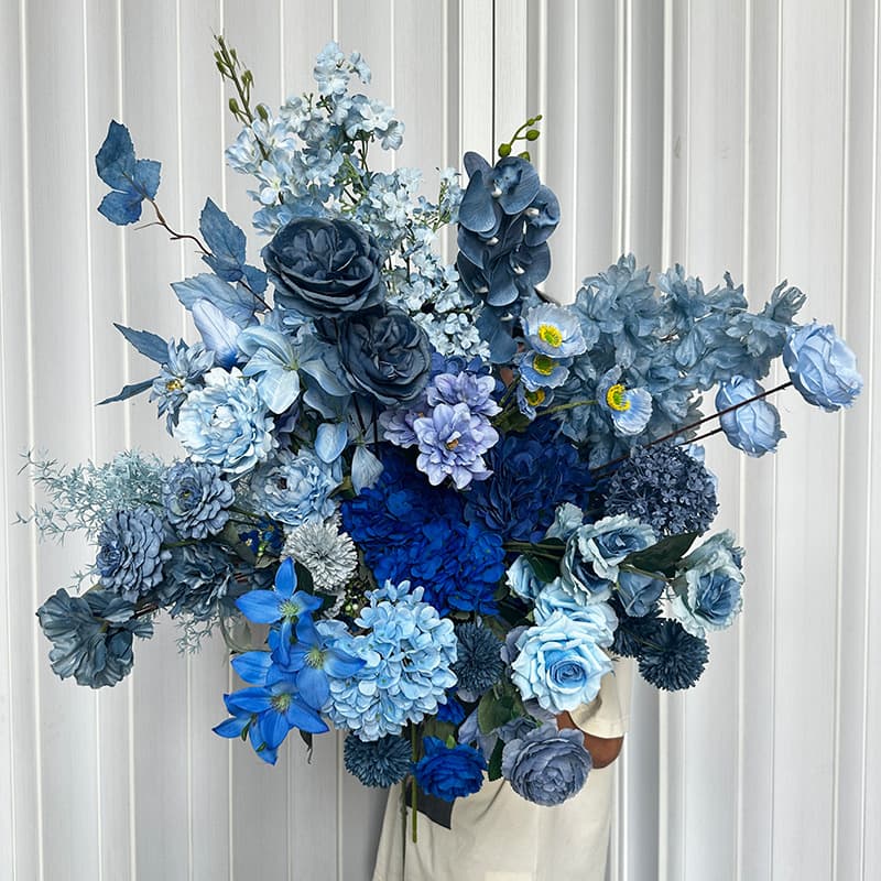 Blue Artificial Flowers for Wedding, Hotel Ceiling, Stage Background Decoration, Fake Roses and Hydrangeas