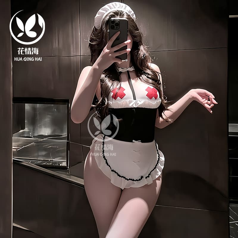 Huaqinghai Lingerie Pure Desire Style Maid Transparent Mesh See-Through Sleepwear Uniform Set A1276