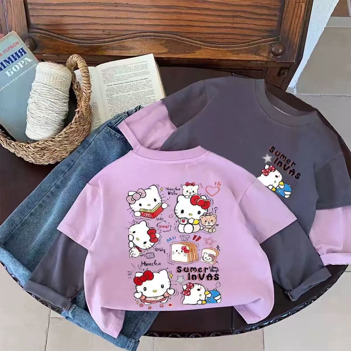 Autumn Cute Hello Kitty Loose Long-Sleeve T-Shirt Sweet Girl Cartoon Versatile Faux Two-Layer Outerwear