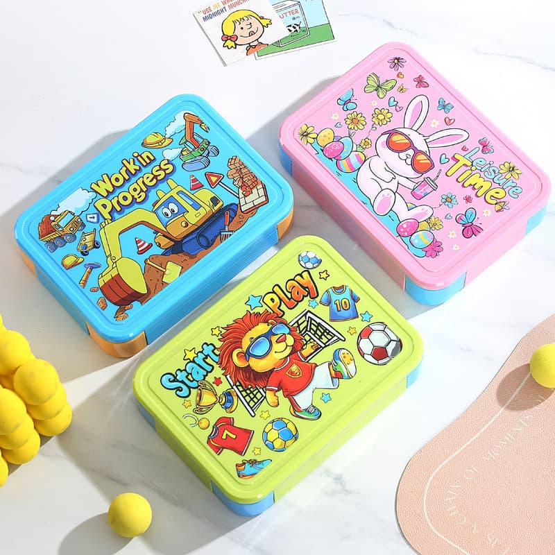 Kids Cartoon PP Divided Lunch Box, Portable Outdoor Fruit Salad Meal Box, Student Bento Lunch Box with Utensils