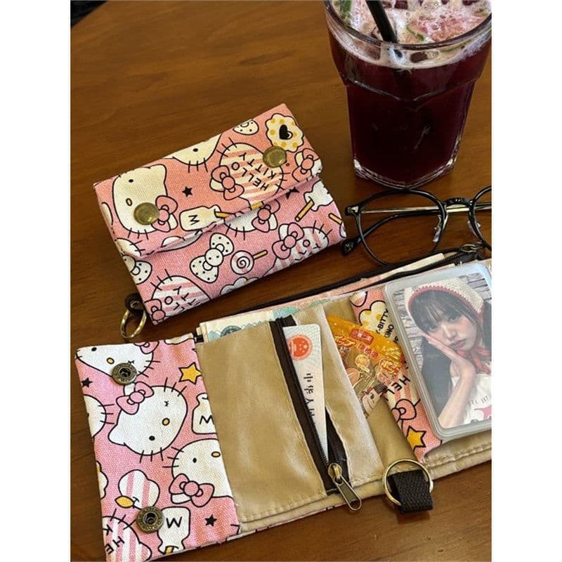 Cartoon Hello Kitty Cute Canvas Wallet Multifunctional Card Holder Cloth Coin Purse Key Bag Student Wallet Foldable Yy