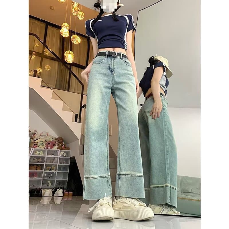 High-Waist Fashion Retro Loose Straight-Leg Jeans, 2024 Summer New Women's Pear-Shaped Body Slimming Wide-Leg Pants