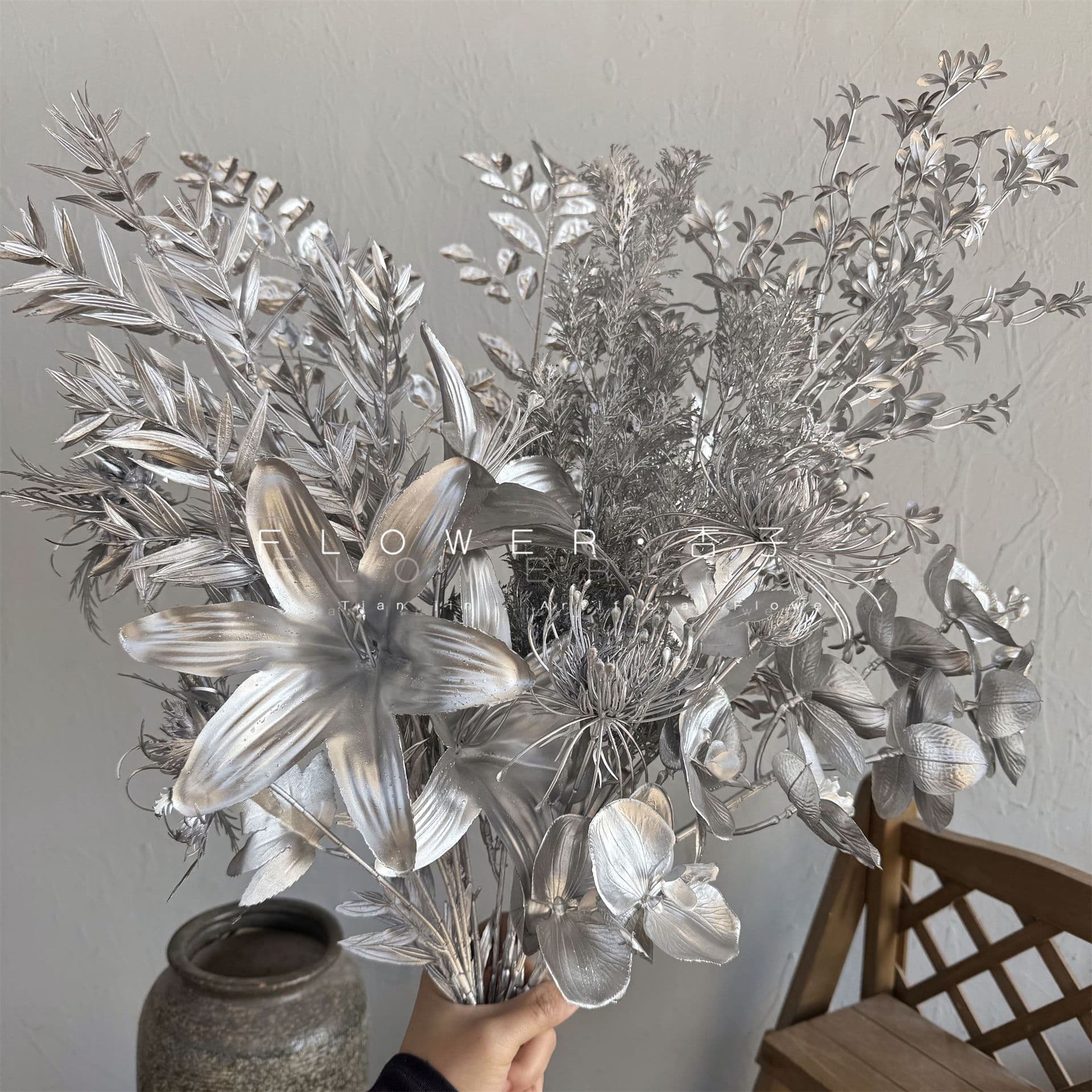 Artificial Silver Foliage: Peacock Bamboo, Banana, Small Leaves, Mint, Monstera Leaves for Wedding Hall Background Floral Wall