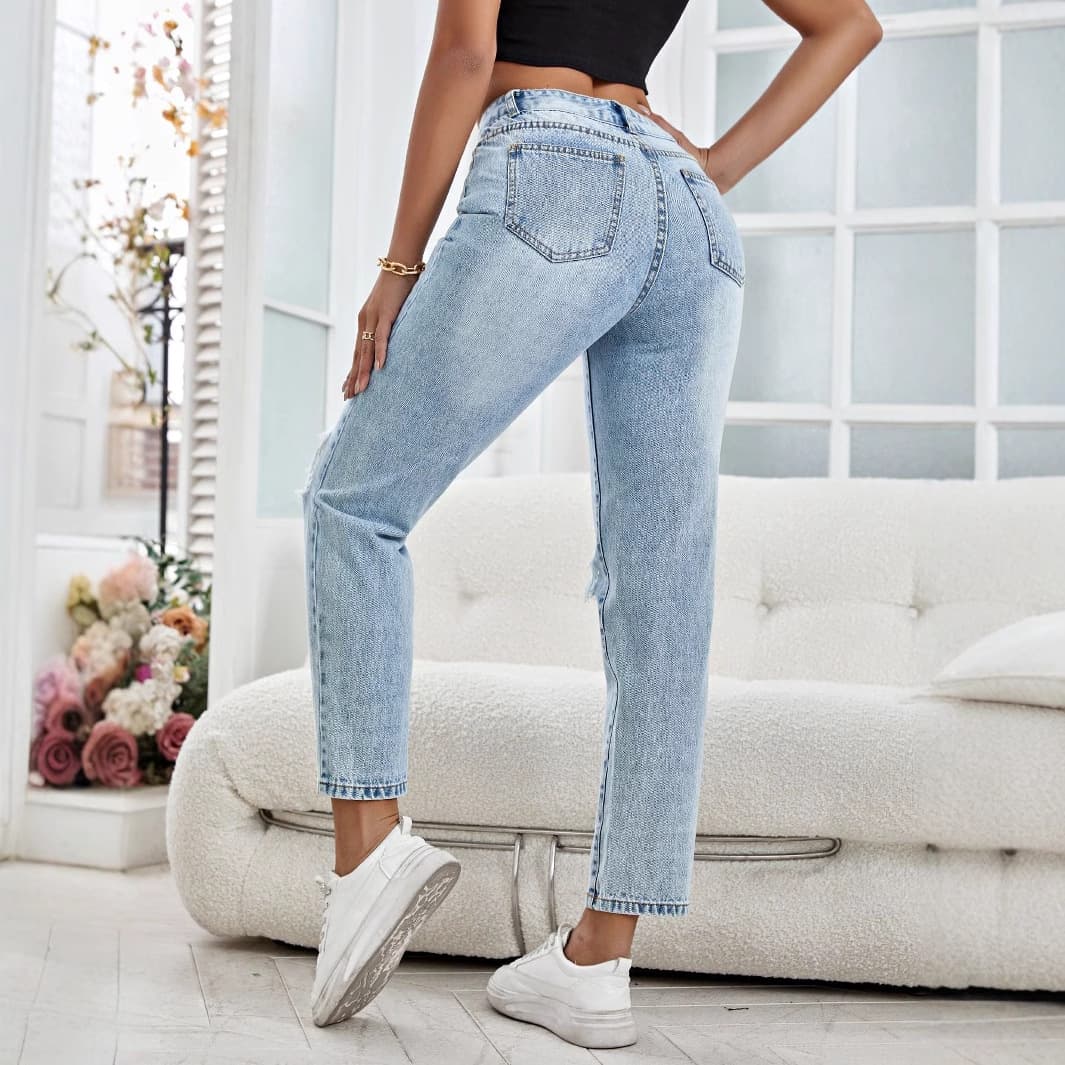 17 In Stock - 35832# Amazon Cross-border Women's Fashion European and American INS Trendy Versatile Straight-Leg Distressed Denim Jeans
