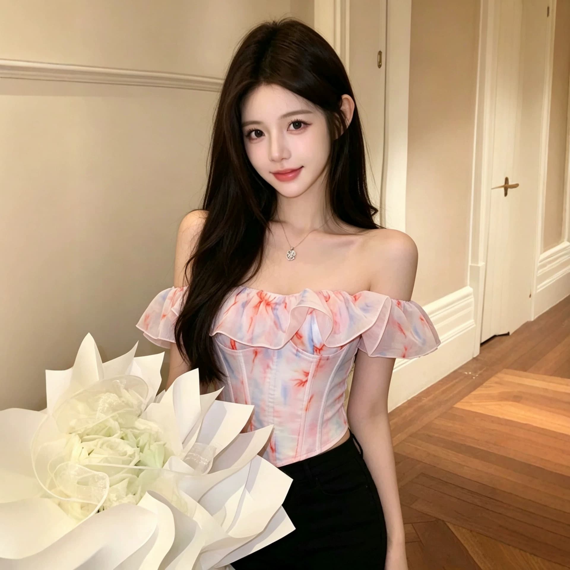 TZ7811 Pure and Alluring Printed Ruffle Off-Shoulder Vest Top for Women, Summer Fishbone Waist-Cinching Slimming Short Top