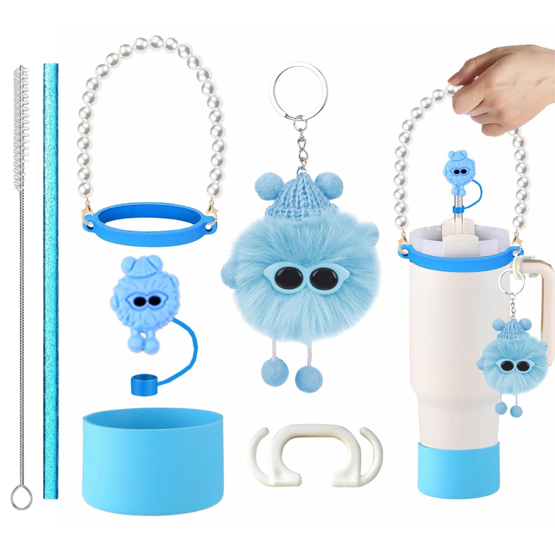 Stanley Cup Briquette Elf Pendant Cartoon Straw Cap Silicone Cup Sleeve Pearl Chain Hand Strap Straw Brush