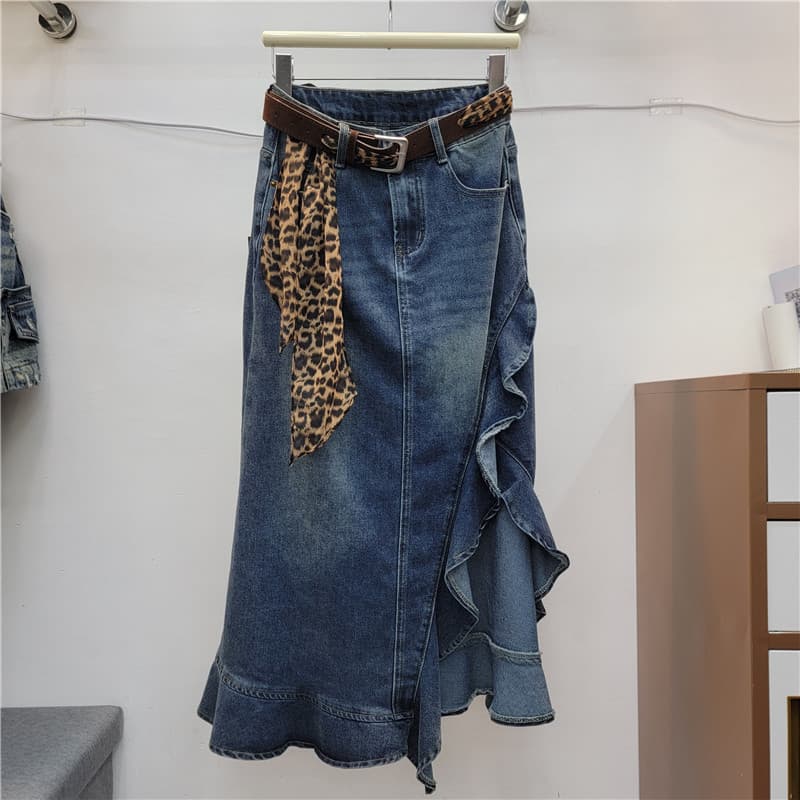 2026 Fall New Blue Denim Skirt for Women Fishtail Side Slit Stylish High-Waist Stretchy Slimming Long Skirt