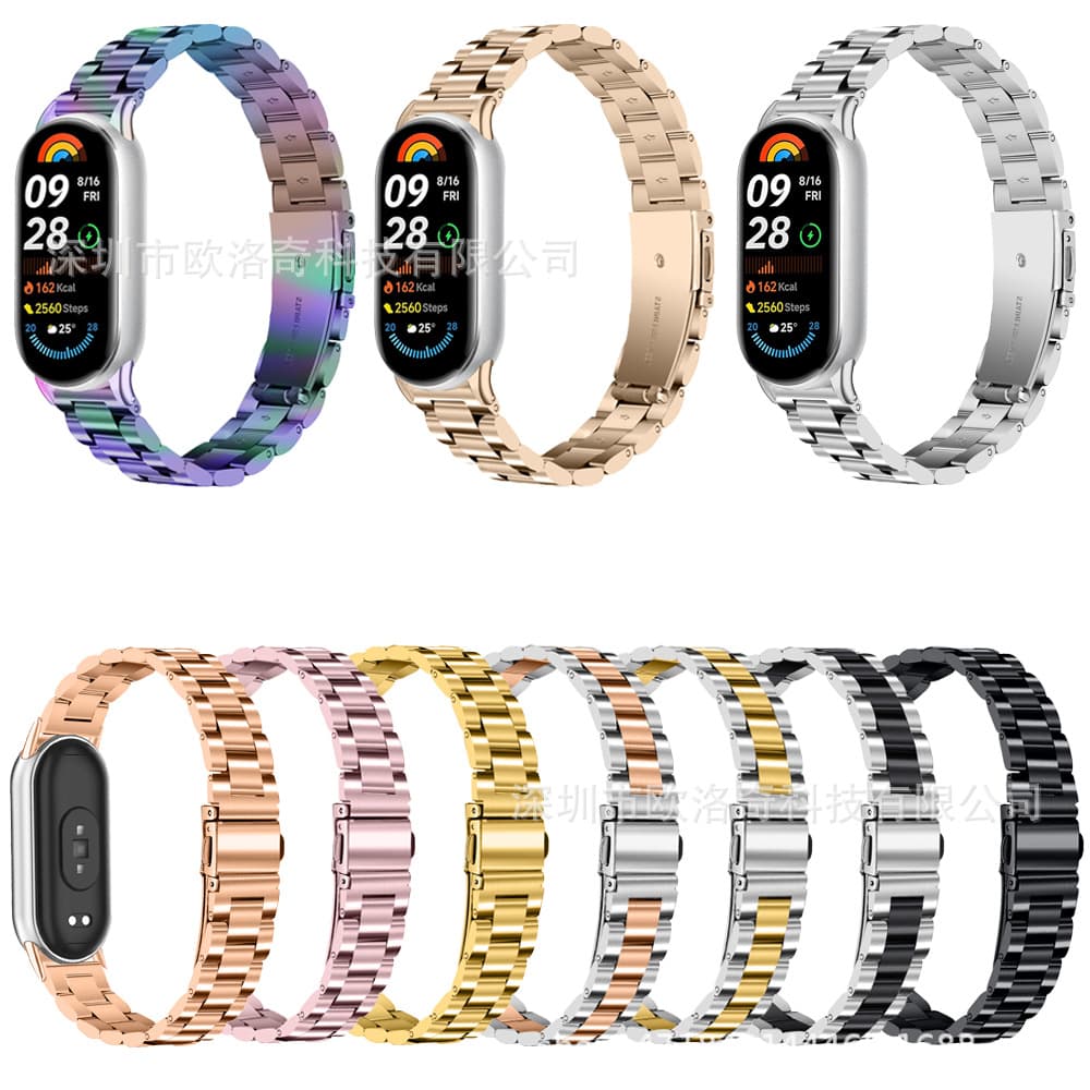 For Xiaomi Mi Band 8/9/10 Stainless Steel Three-Bead Band Mi Band 8 9 10 Three-Bead Metal Wrist Strap