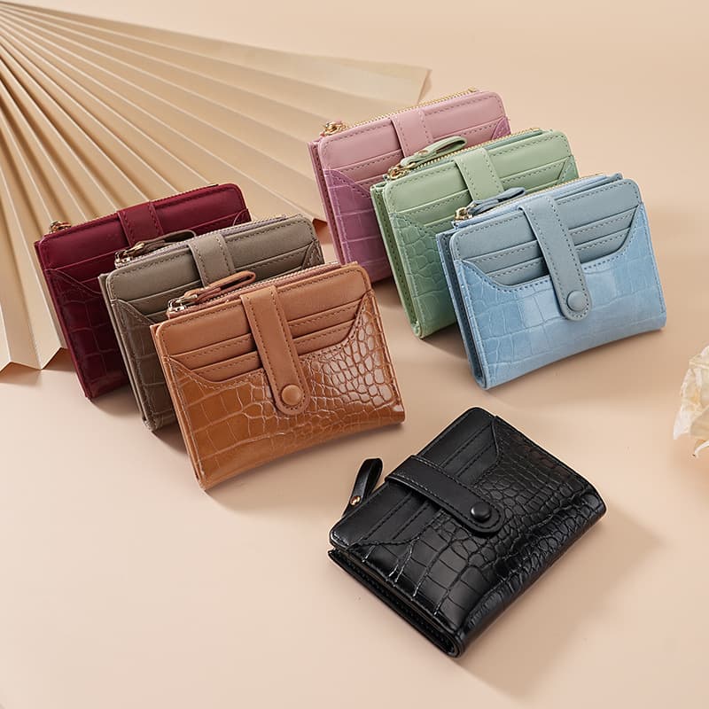 Cross-Border Women's Macaron Short Wallet Korean Style Crocodile Texture Multi-Card Slot Daily Versatile Fresh Women's Wallet
