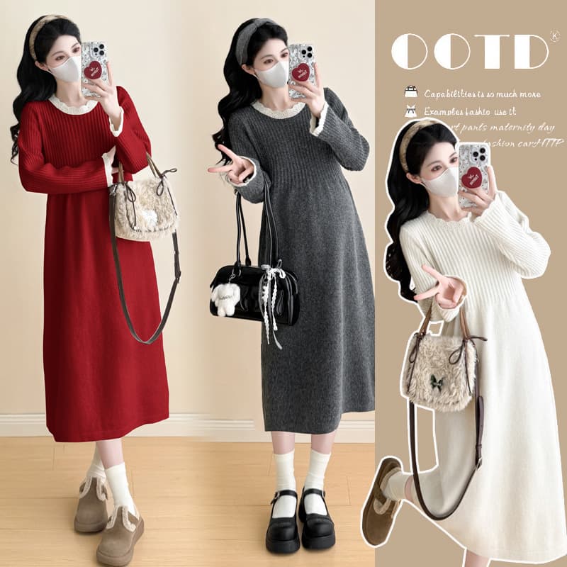 New maternity sweater dress, Korean style, fashionable lace patchwork dress, loose and simple knitted base dress