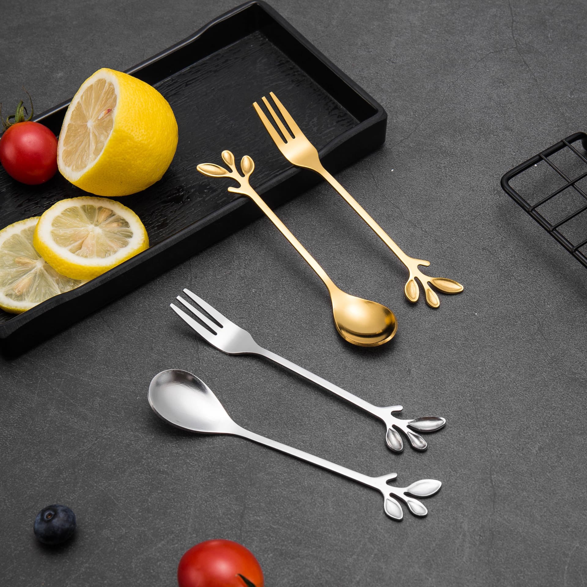 Stainless steel fork and spoon, creative gold leaf spoon, fruit fork, household coffee stirring spoon, dessert spoon, cake fork