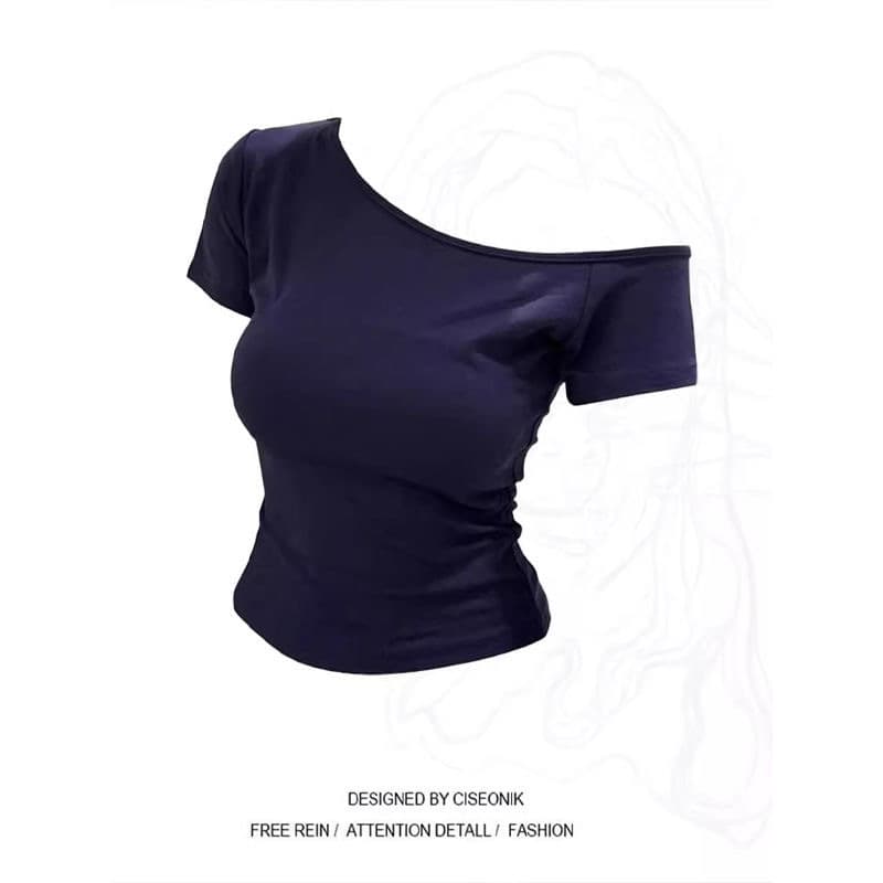 230g Ice Silk Ribbed Trendy Off-Shoulder Short-Sleeve Top for Women with a Unique Design, Summer Solid Color Off-Shoulder T-Shirt