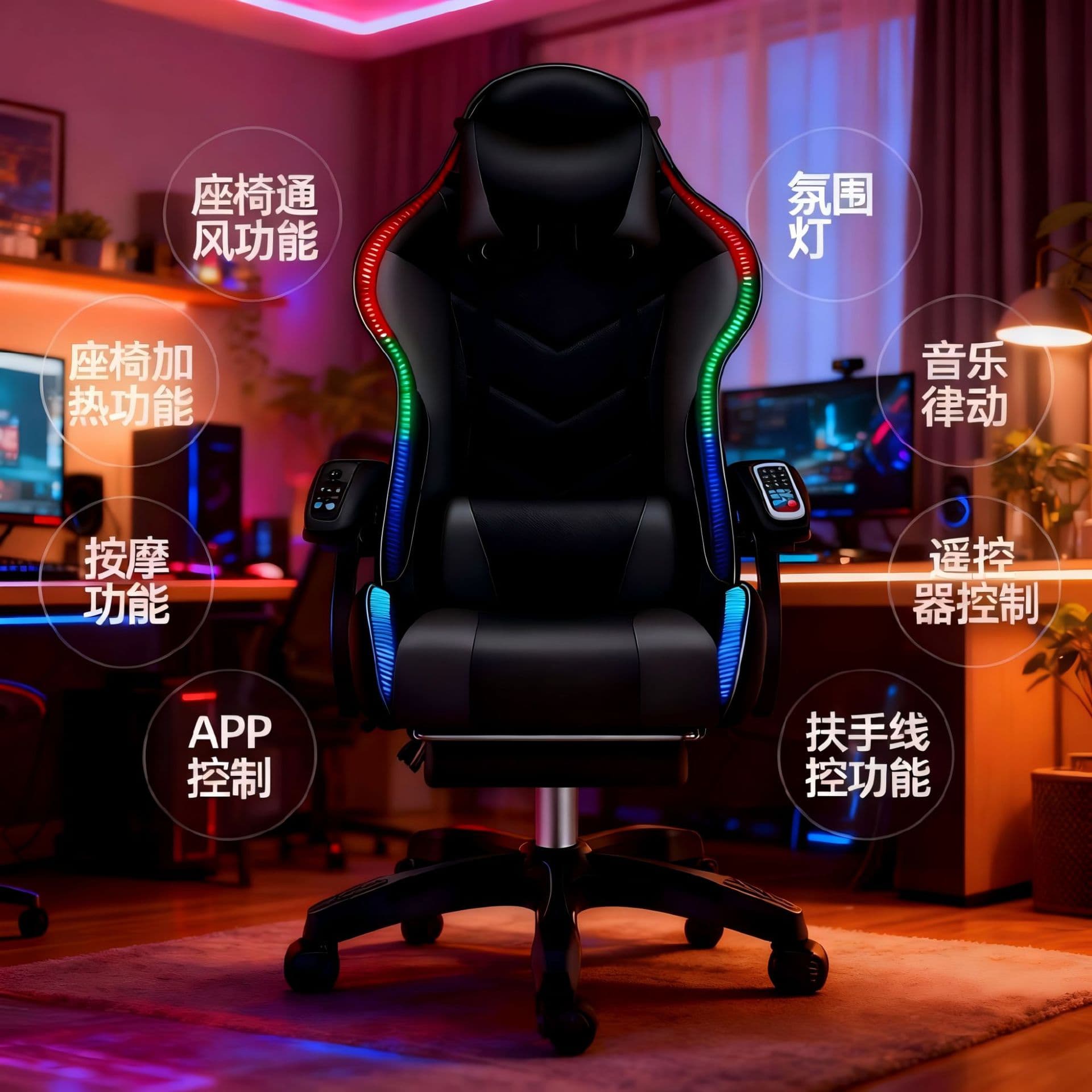 APP-controlled gaming chair control panel, RGB ambient lighting, constant temperature heating, 3-level ventilation, massage function, ODM (Original Design Manufacturer)