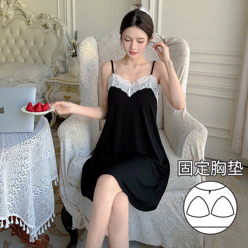 Modal Camisole Nightgown with Padded Cups, Sweet and Sexy Lace Trim, Women's Summer Wearable Outside Sleeveless Sleep Dress Loungewear