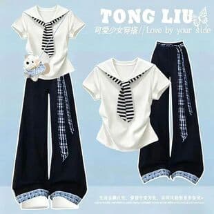Girls Summer School Style 2-Piece Set, New Navy Collar Short Sleeve Top with Wide-Leg Pants for Older Kids, Trendy