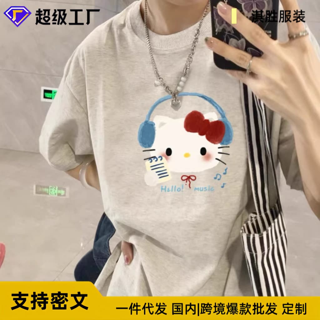 Kitty Pure Cotton Short Sleeve T-Shirt Women 2026 New Summer Cartoon T-Shirt Loose American High Street Half Sleeve Top Trendy