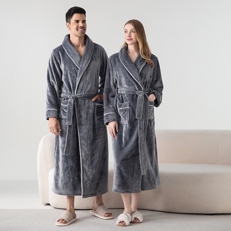 Thickened Flannel Couples Bathrobes Fleece Lined Sleepwear Extended Size Men's Robe Women's Long Robe Home Clothes Matching Pajamas
