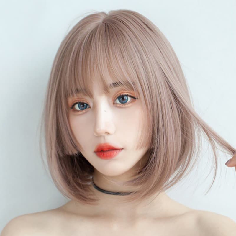Japanese and Korean Cross-Border Smoke Pink Short Hair High-Temperature Silk Manufacturer Wholesale Full Wig with Air Bangs for Women