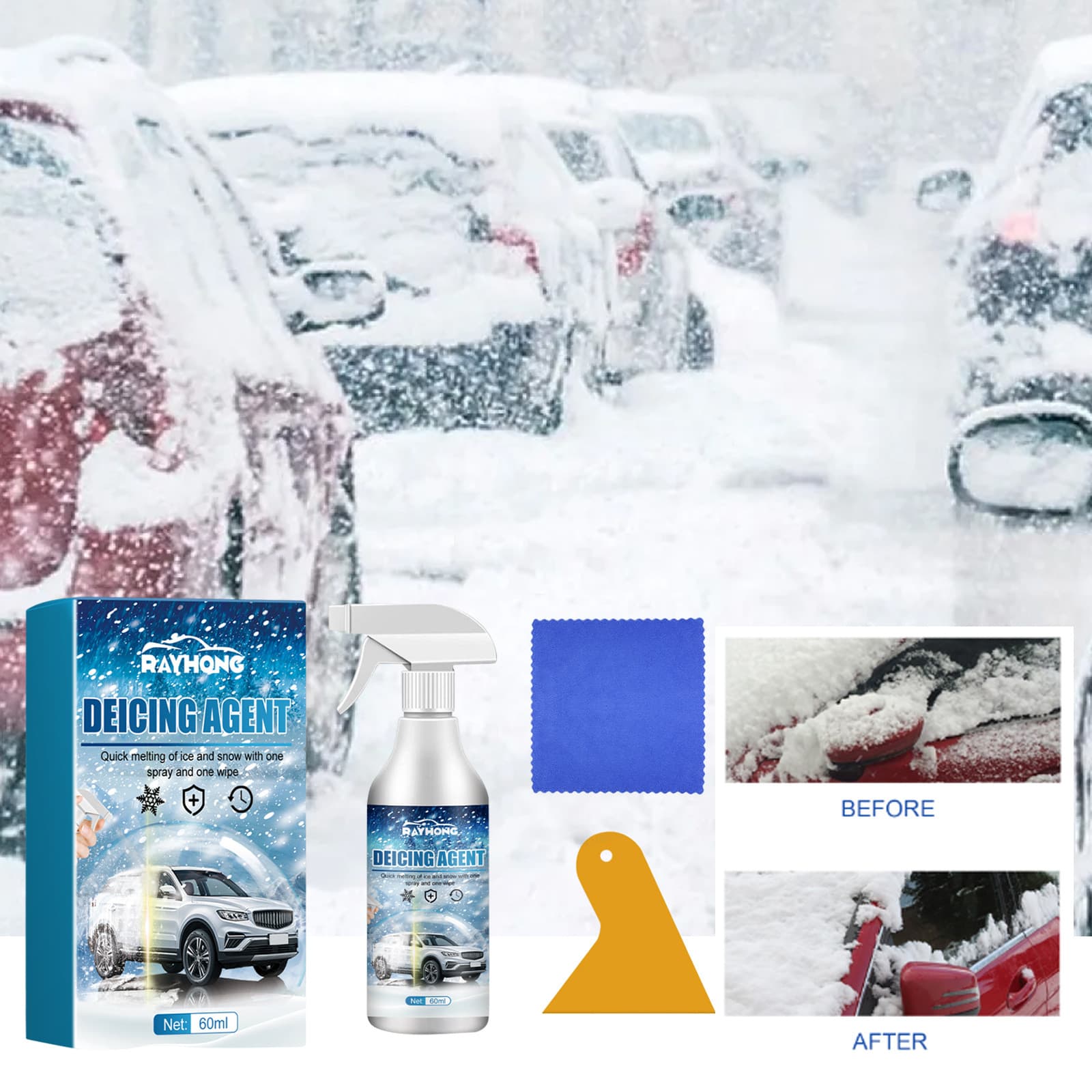Rayhong Ice and Snow Remover - Fast Deicing Spray for Winter Car Windshield and Windows